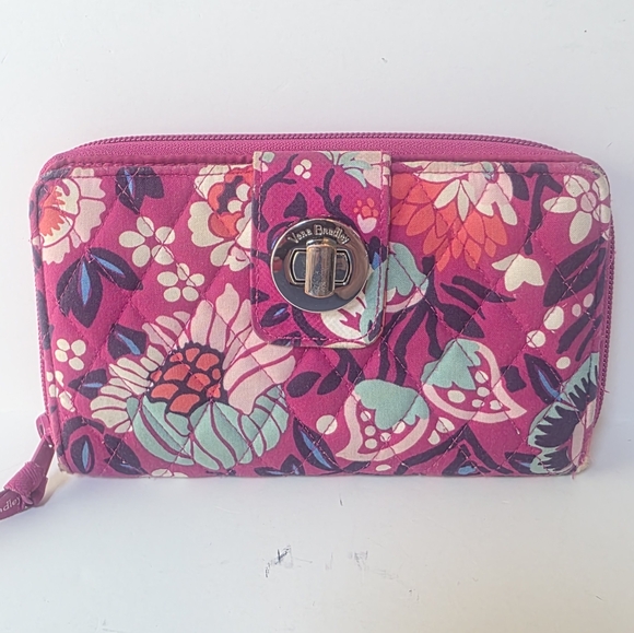 Vera Bradley Bloom Berry RFID Turnlock Wallet Pink Floral Women's Wallet - Picture 1 of 14